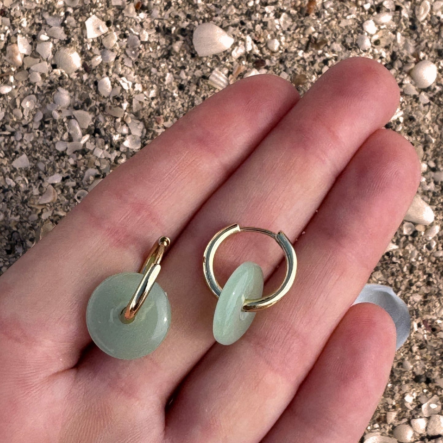 Green Jade Double Hoop Huggie Earrings in Gold in Hand