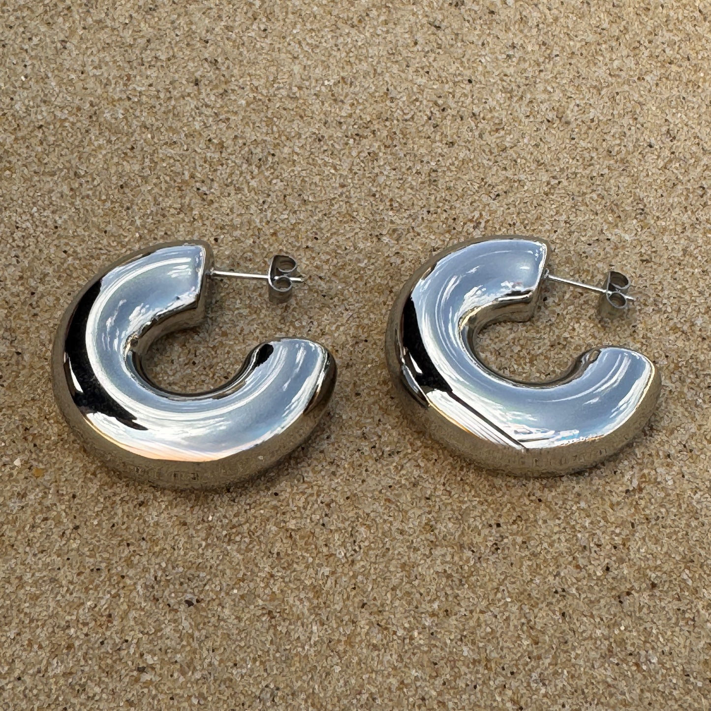Silver Large Size C-Shape Hoop Earrings
