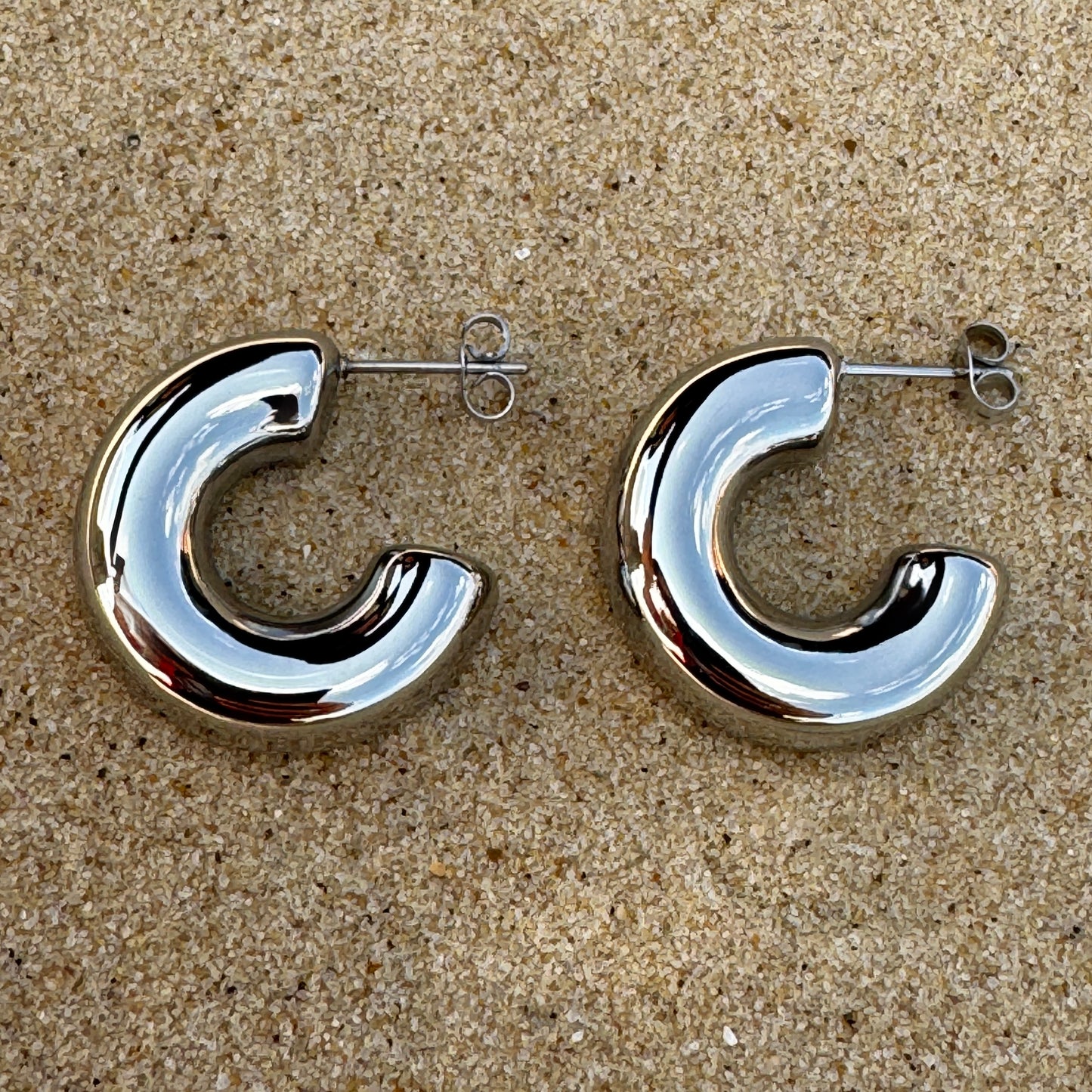 Silver Medium Size C-Shape Hoop Earrings