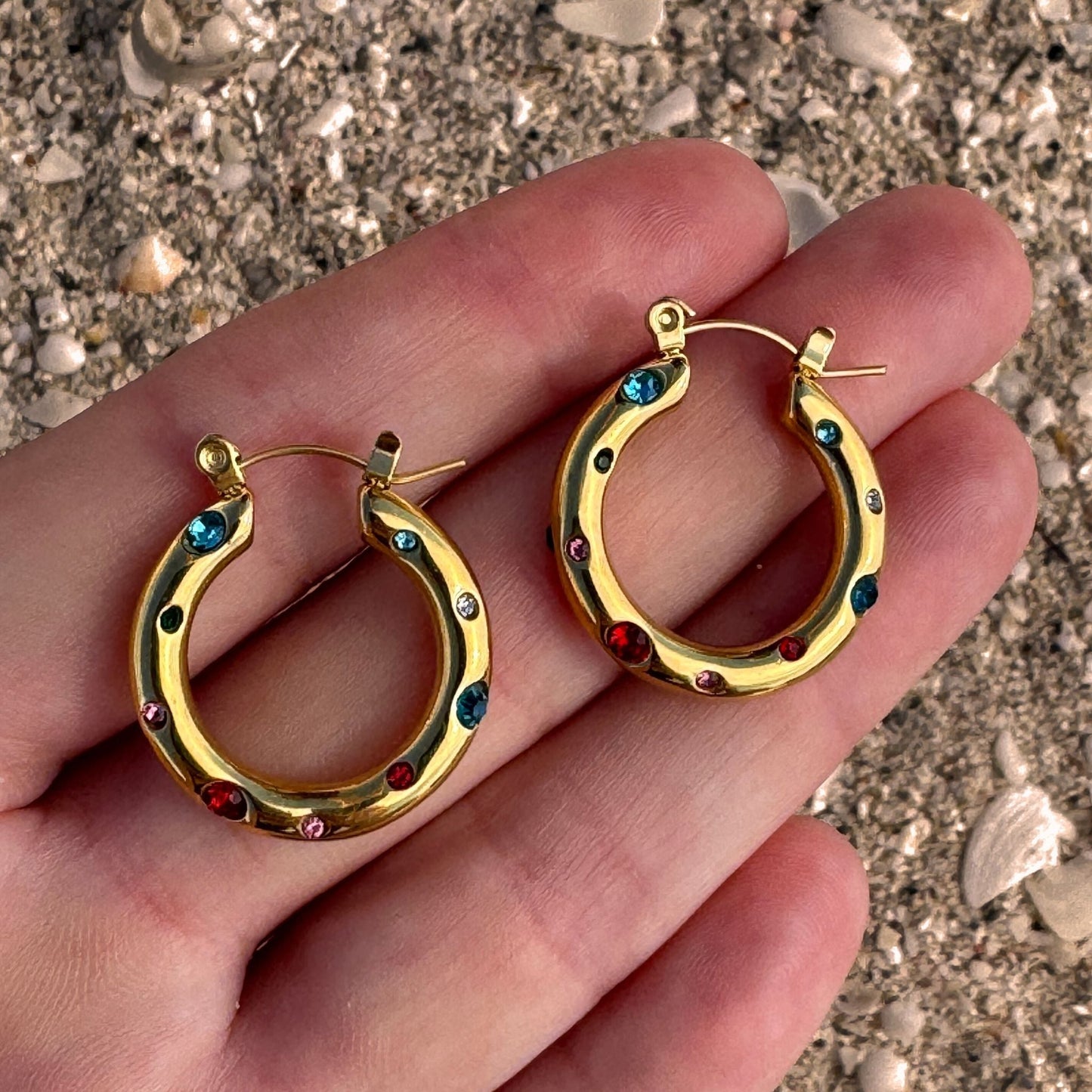 Colourful Zircon Gold Plated Hoop Earrings in hand