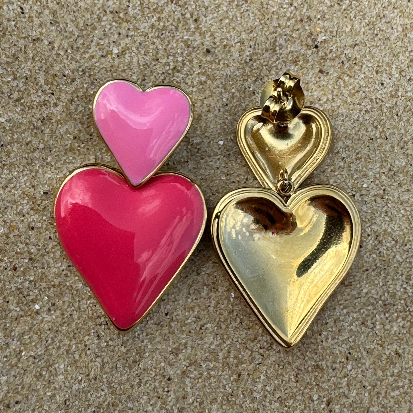 Pink Double Heart Danglies in 18k Gold Plate