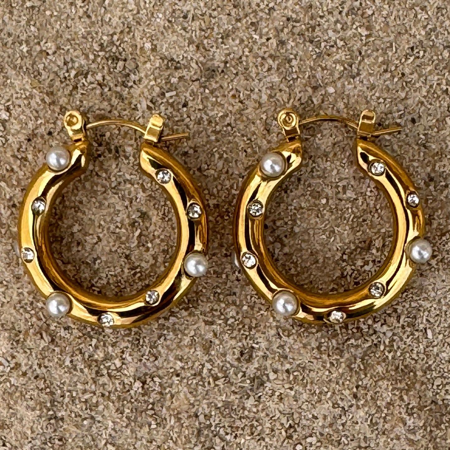 Zircon & Pearl Gold Plated Hoop Earrings