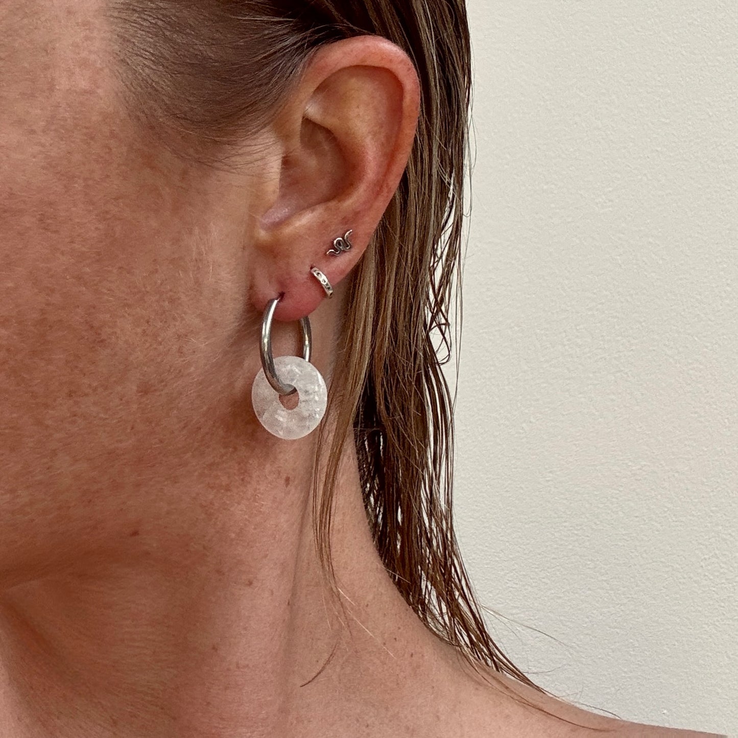 Large white quartz crystal silver slim hoop earrings from Jessica Rose jewellery