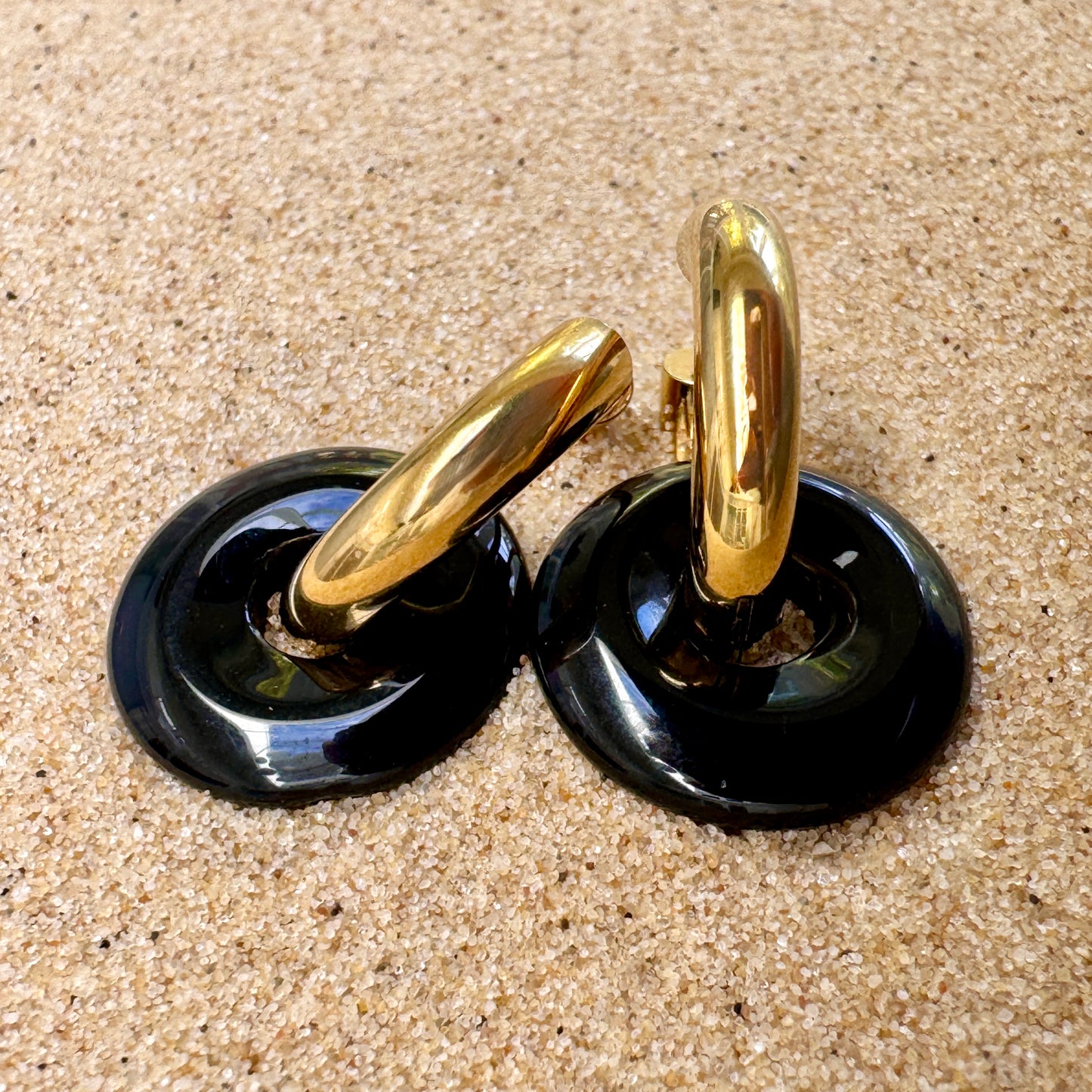 Black Onyx Large Crystal Chunky Hoop Huggie Earrings in Gold