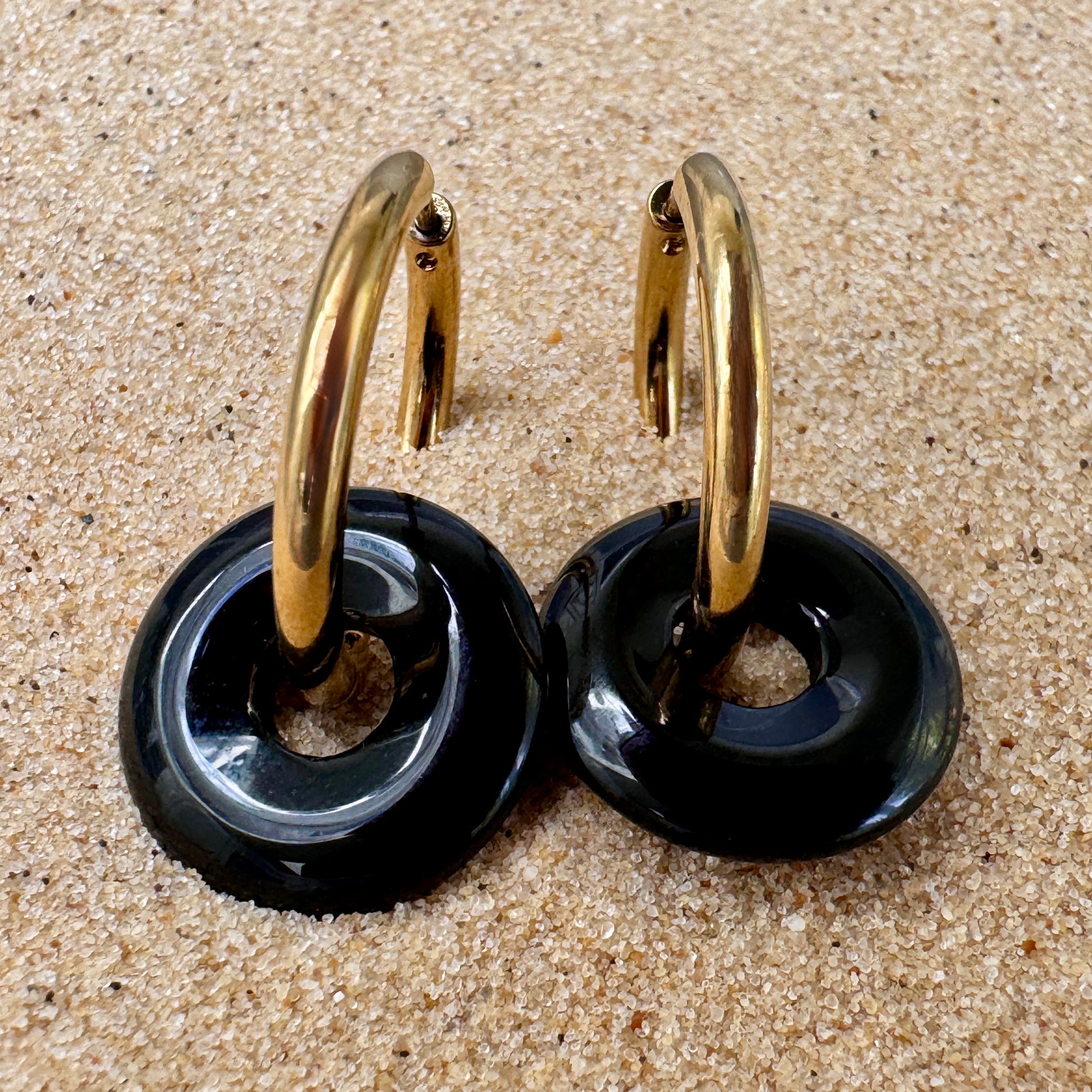 Black Onyx Large Crystal Slim Hoop Huggie Earrings in Gold