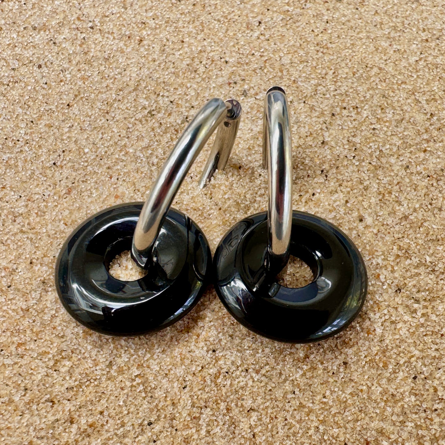 Black Onyx Large Crystal Slim Hoop Huggie Earrings in Silver