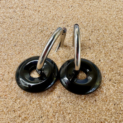 Black Onyx Large Crystal Slim Hoop Huggie Earrings in Silver