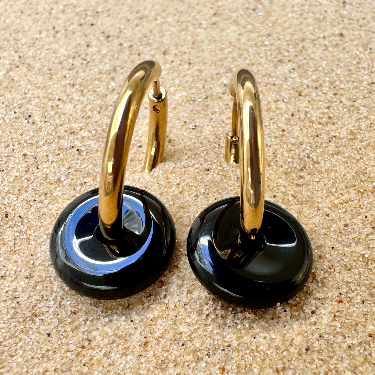 Black Onyx Small Crystal Slim Hoop Huggie Earrings in Gold