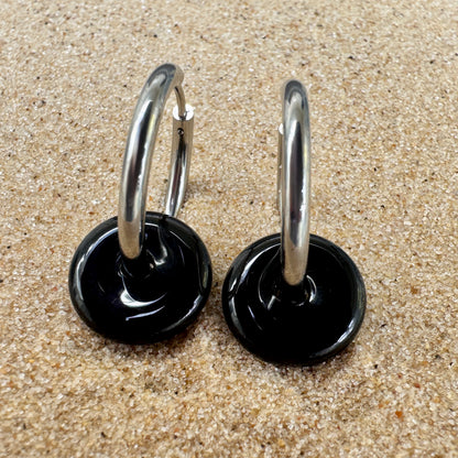 Black Onyx Small Crystal Slim Hoop Huggie Earrings in Silver