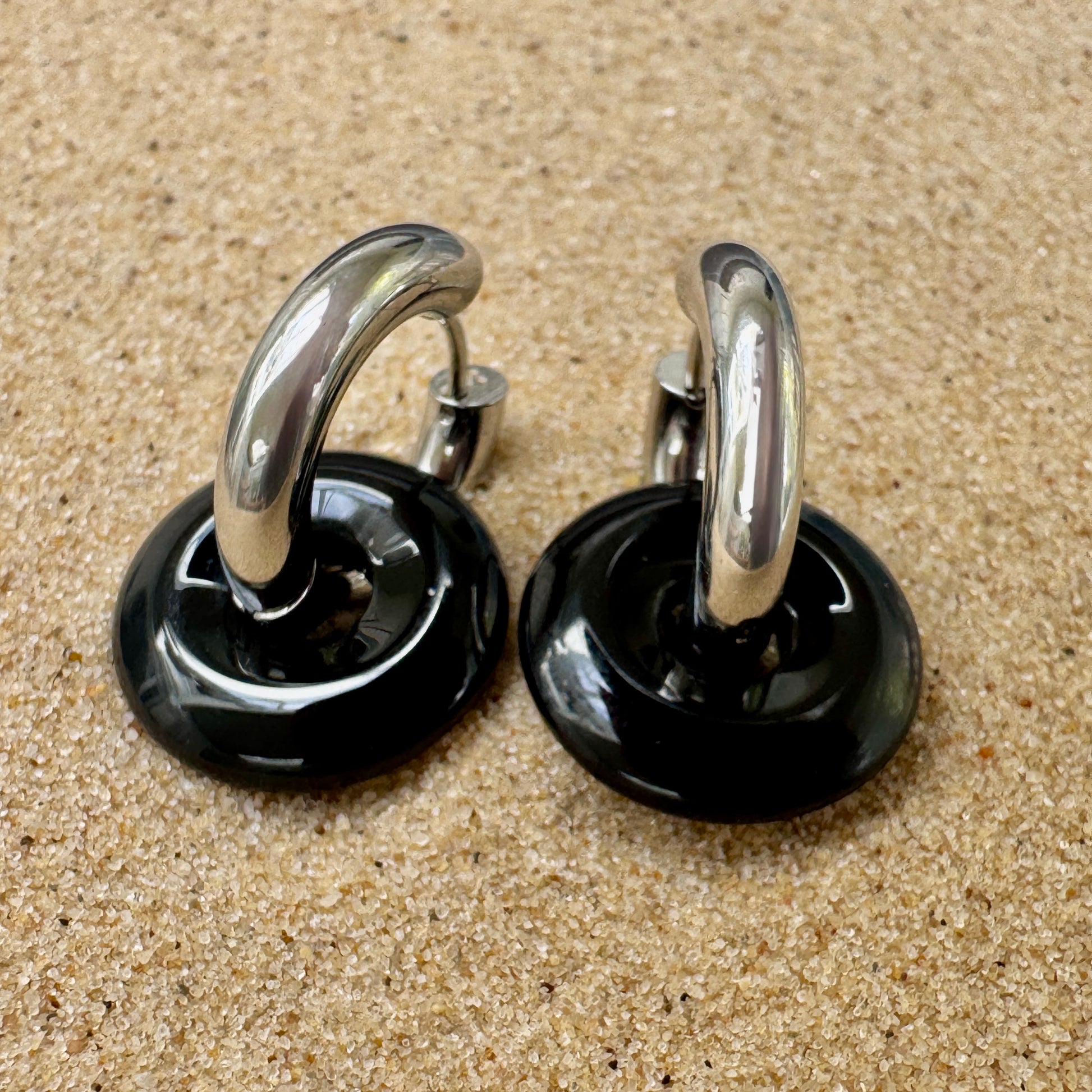 Black Onyx Large Crystal Chunky Hoop Huggie Earrings in Gold