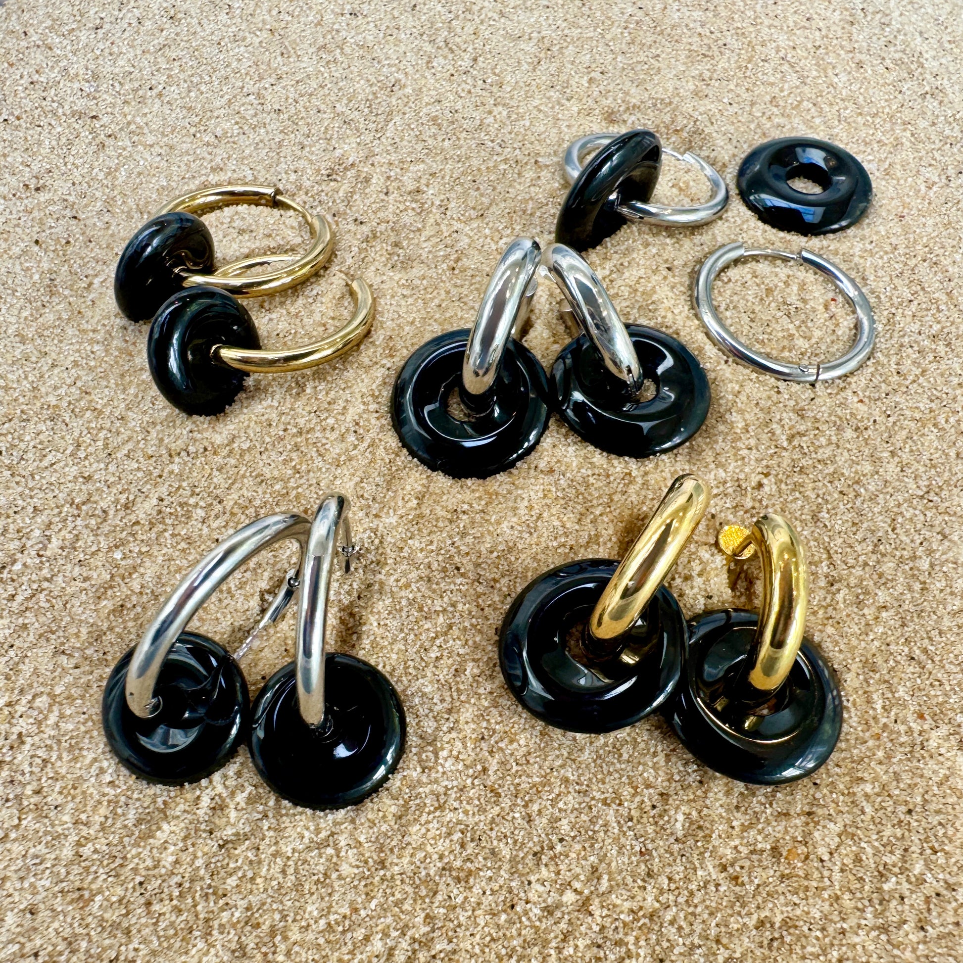 Black Onyx Crystal Hoop Huggie Earrings in Gold and Silver