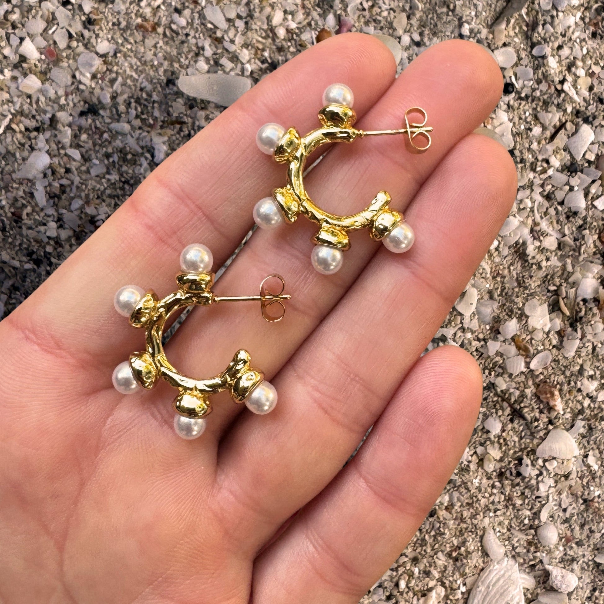 Pearl Bubble Gold Plated Hoop Earrings in hand