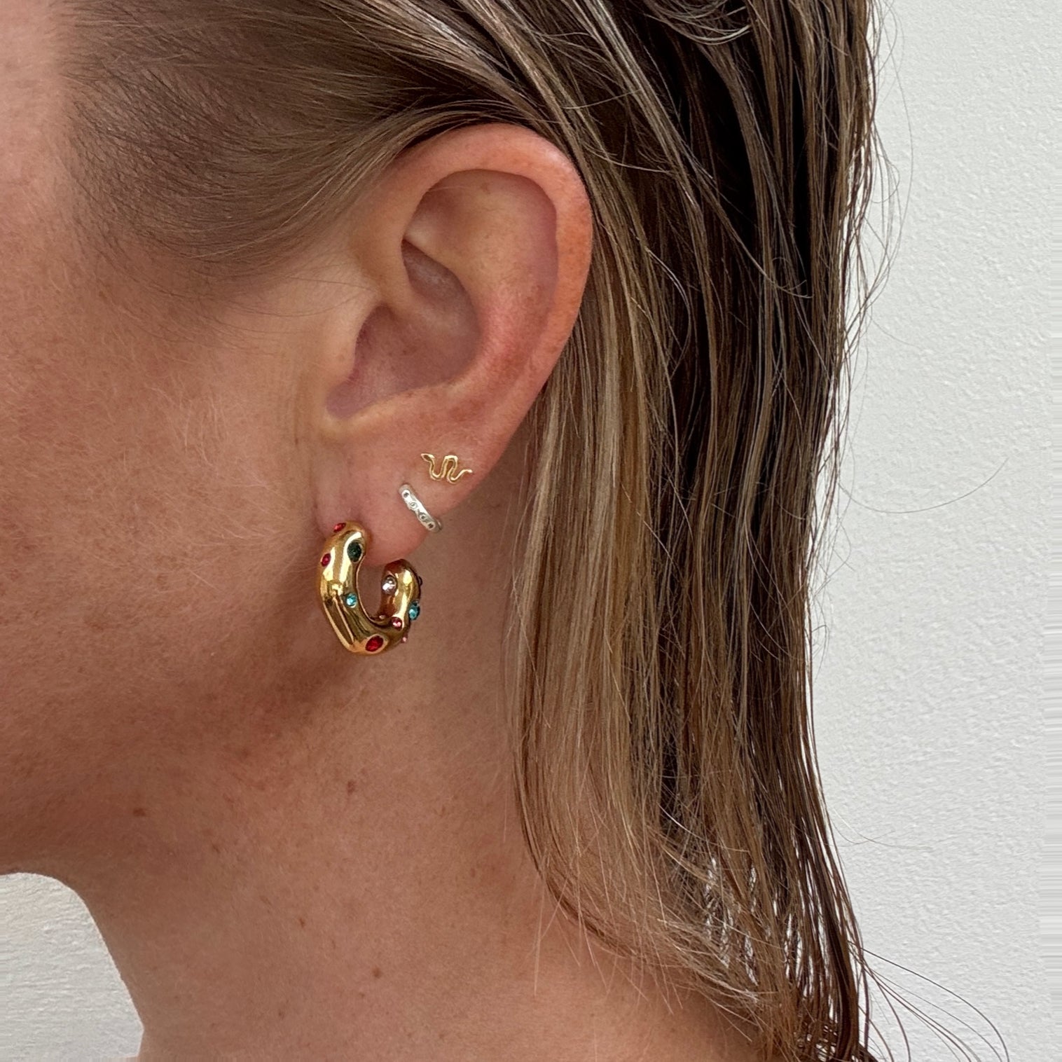 Coloured Gem 18k Gold Plated Chunky C-Shape Earrings