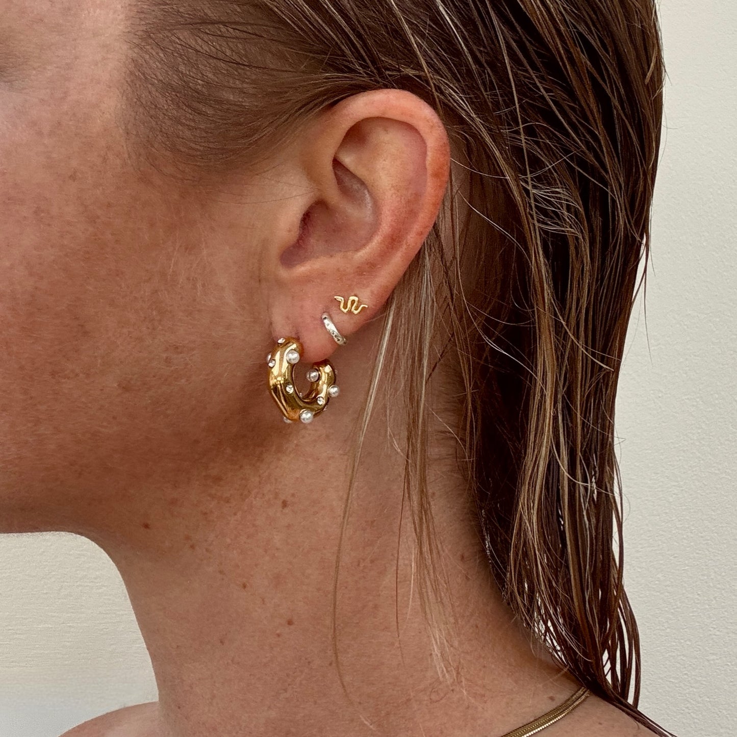 Gem and Pearl 18k Gold Plated Chunky C-Shape Earrings