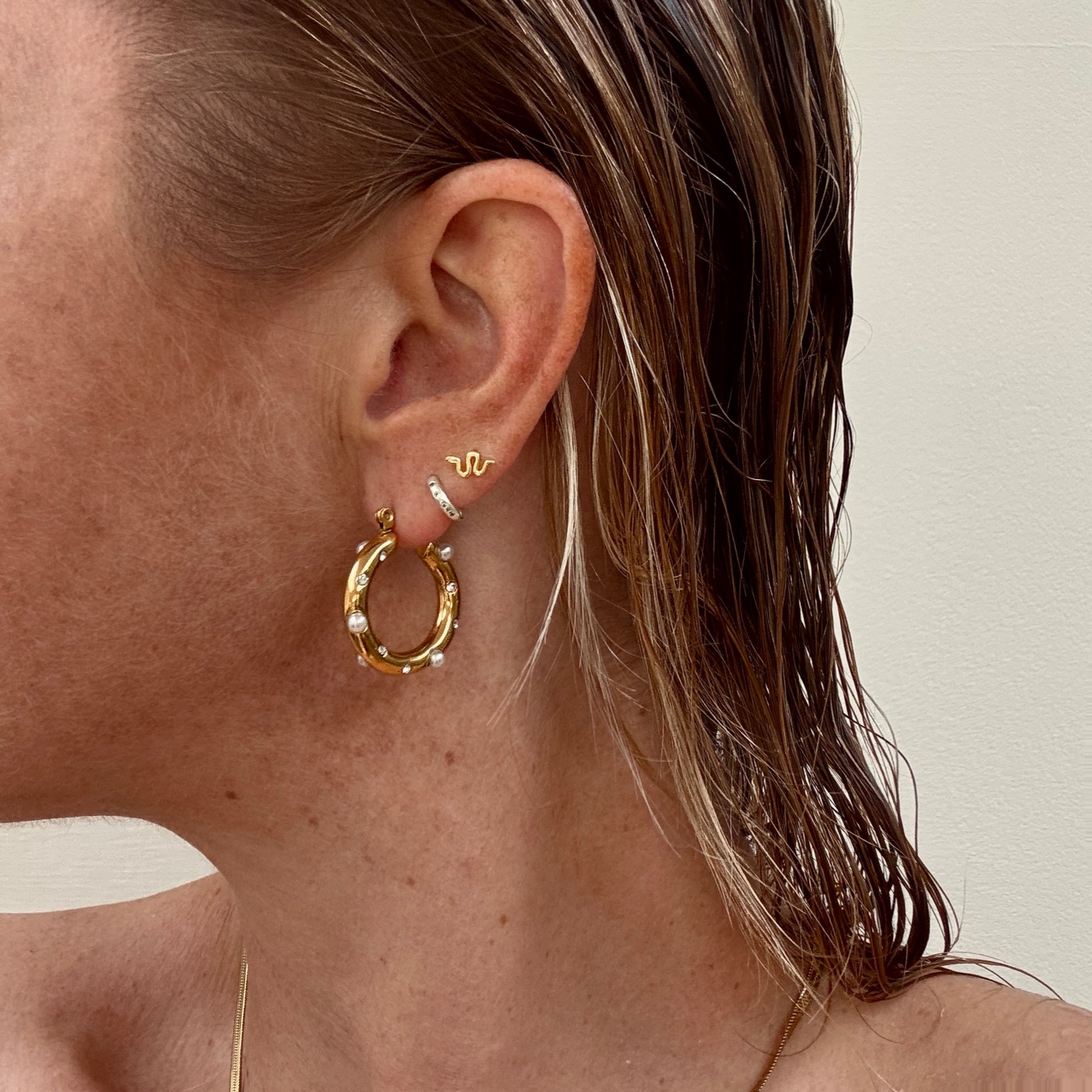 Gem and Pearl 18k Gold Plated Hoop Earrings