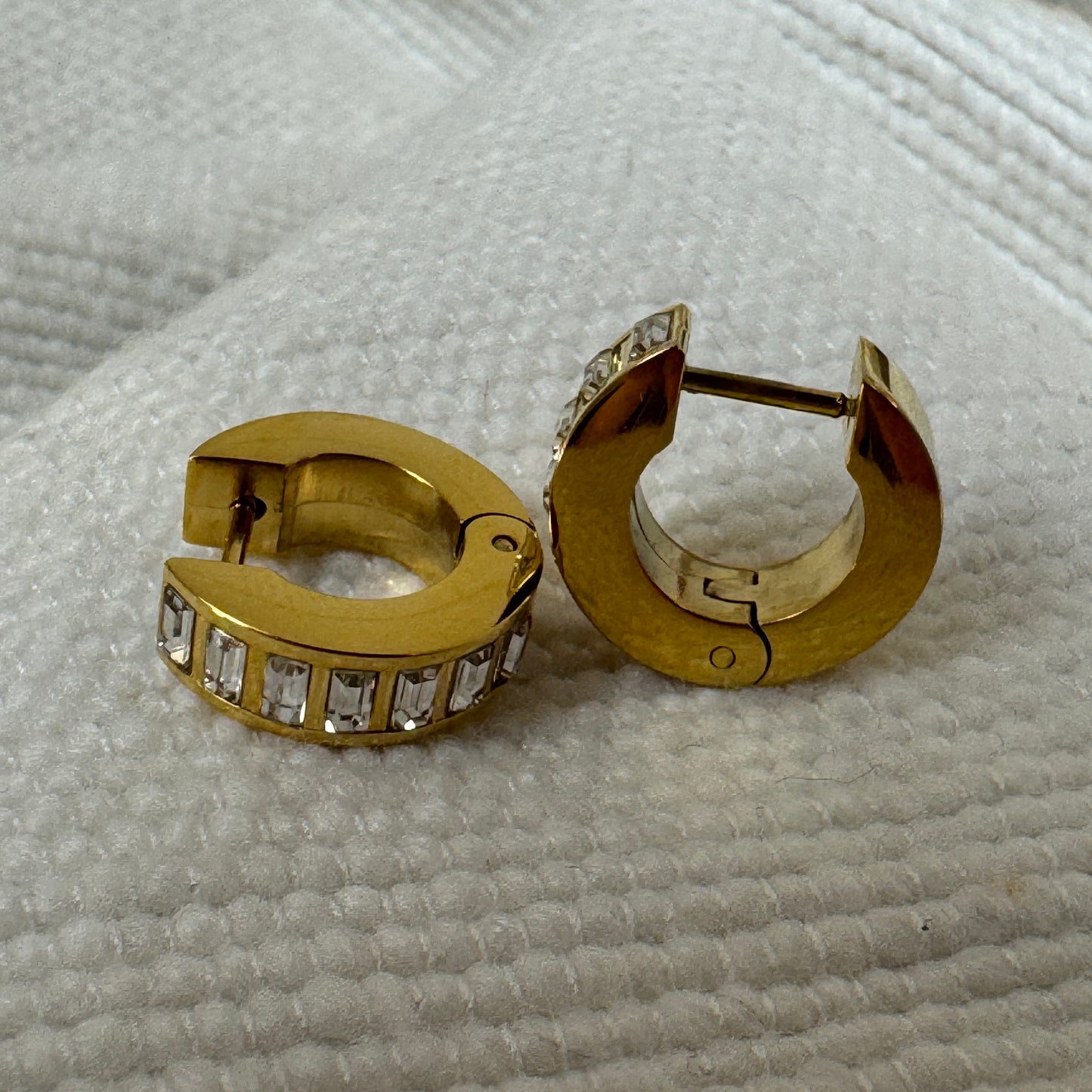 Gold Plated Baguette Cut Zircon Huggies from Jessica Rose jewellery