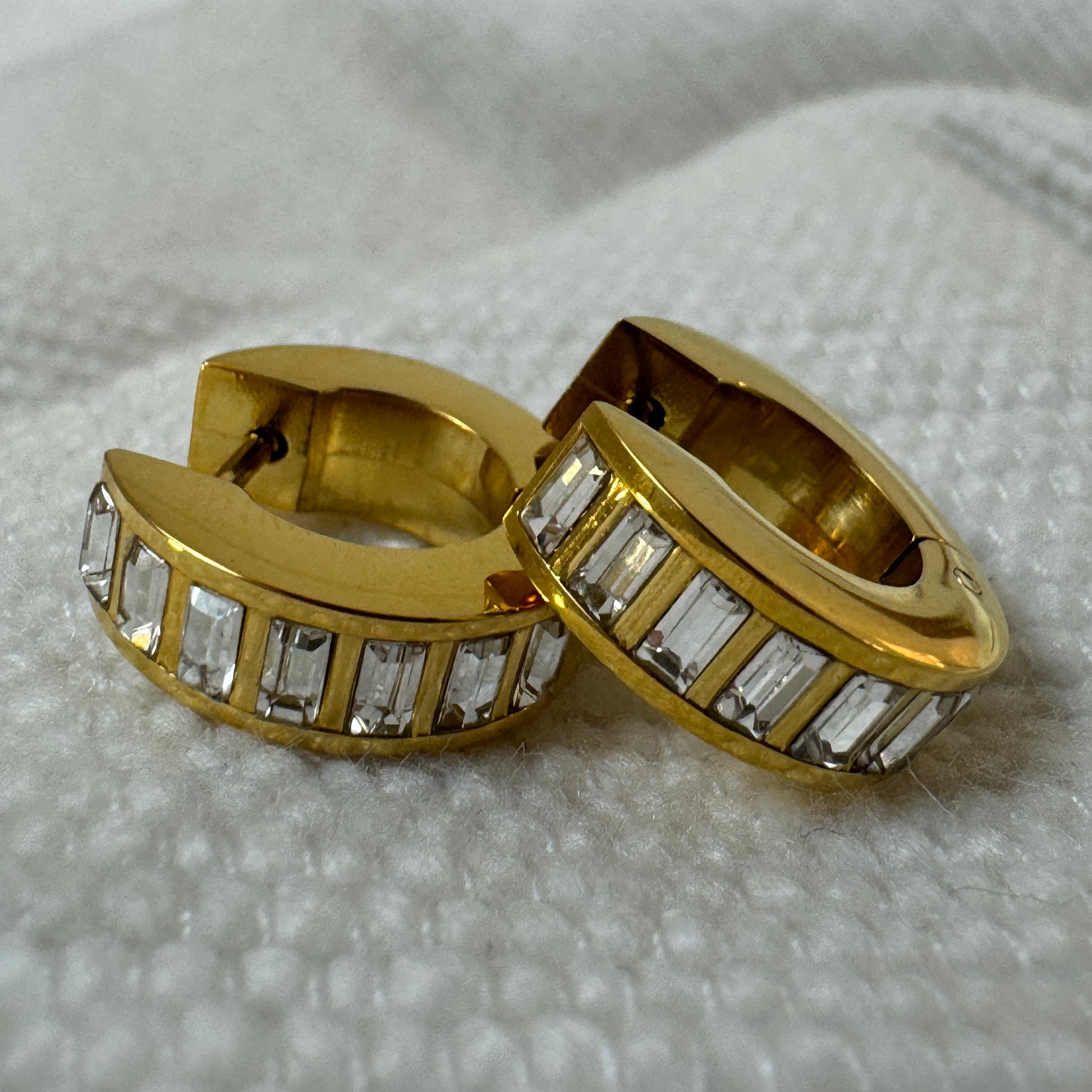 Gold Plated Baguette Cut Zircon Huggies from Jessica Rose jewellery