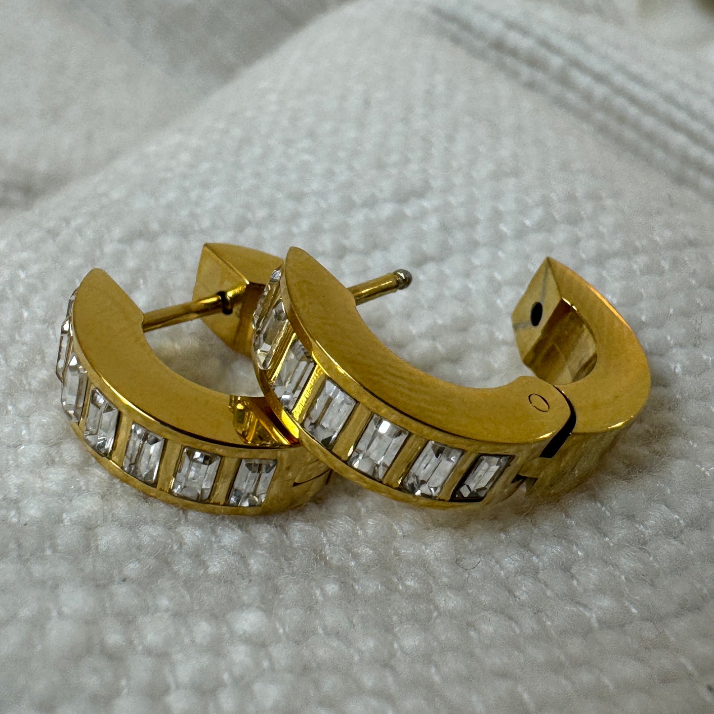 Gold Plated Baguette Cut Zircon Huggies with hinge opening