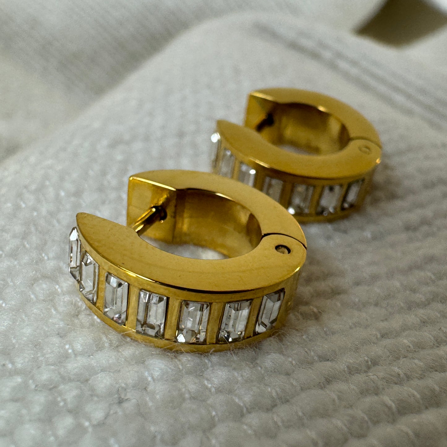 Gold Plated Baguette Cut Zircon Huggies from Jessica Rose jewellery