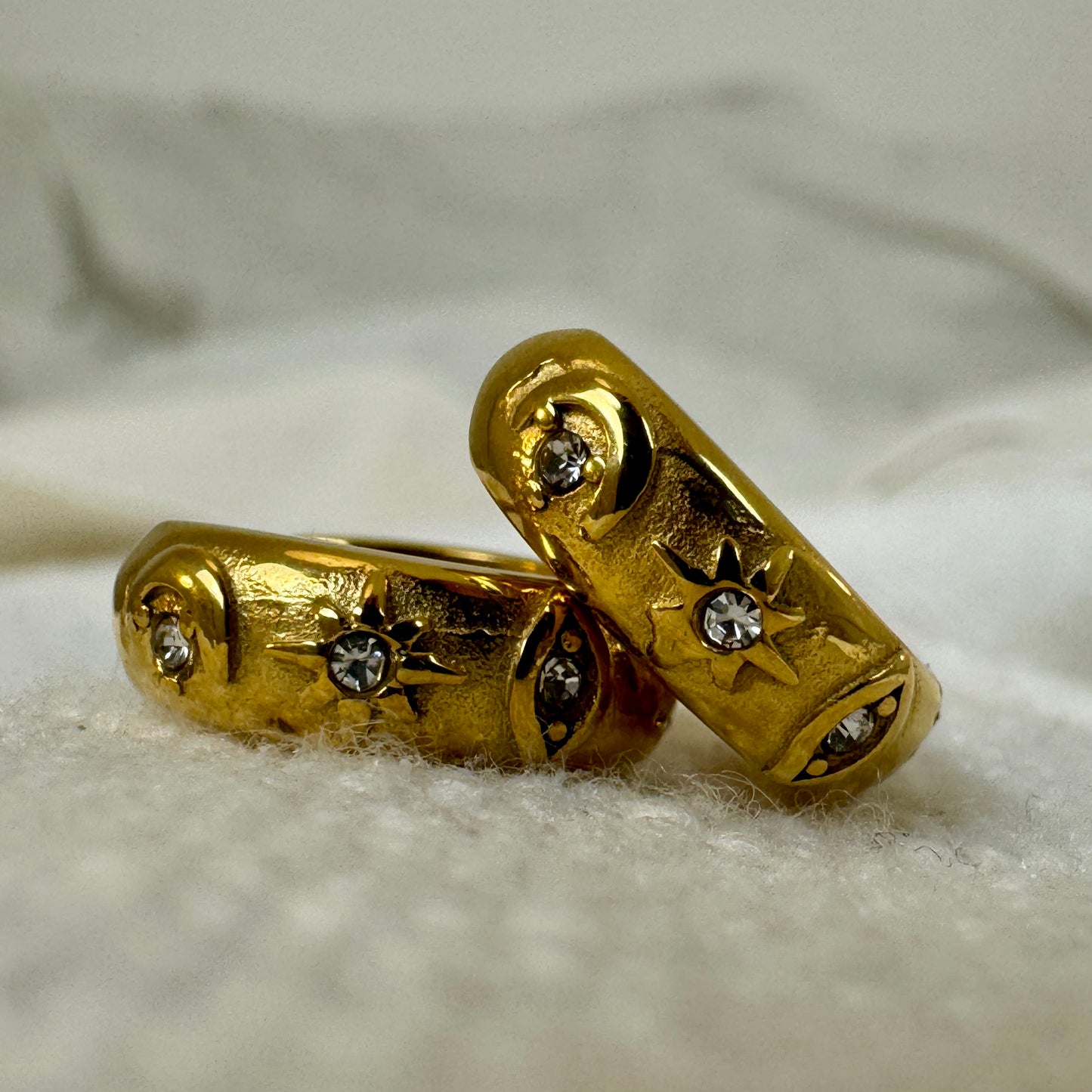 Gold Plated Chunky Huggies with evil eye, star and moon detail