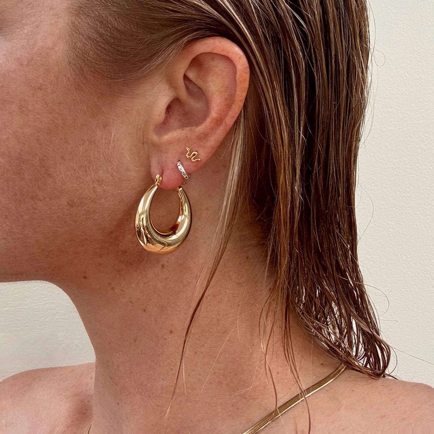 Gold plated tear drop chunky hoop earrings from Jessica Rose jewellery