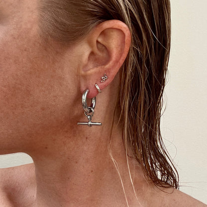 Silver t-bar hoop huggie earrings from Jessica Rose jewellery