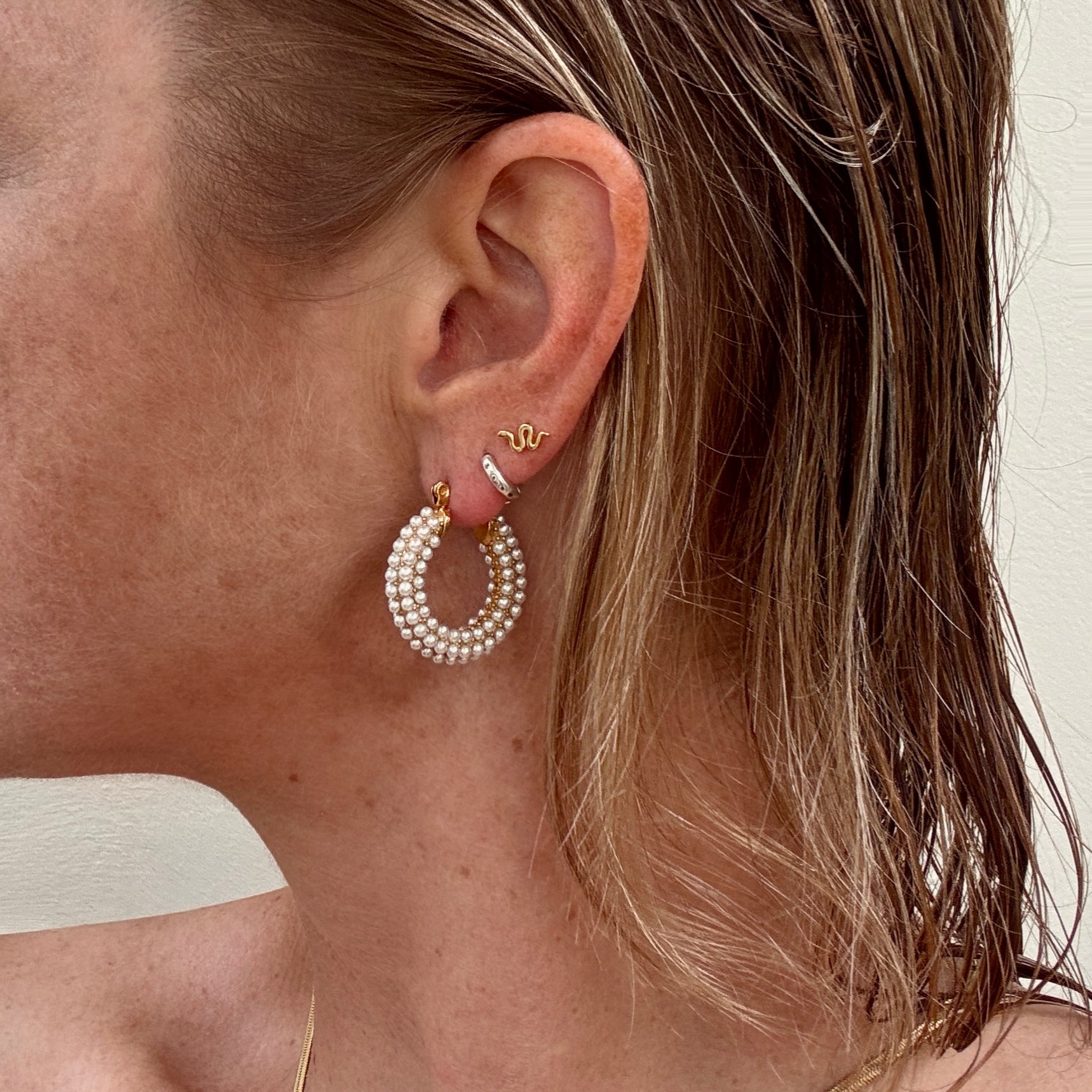 Gold plated seed pearl cluster hoop earrings from Jessica Rose jewellery