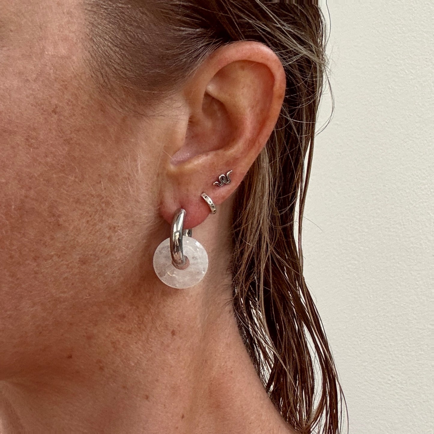 Large white quartz crystal silver chunky hoop earrings from Jessica Rose jewellery 