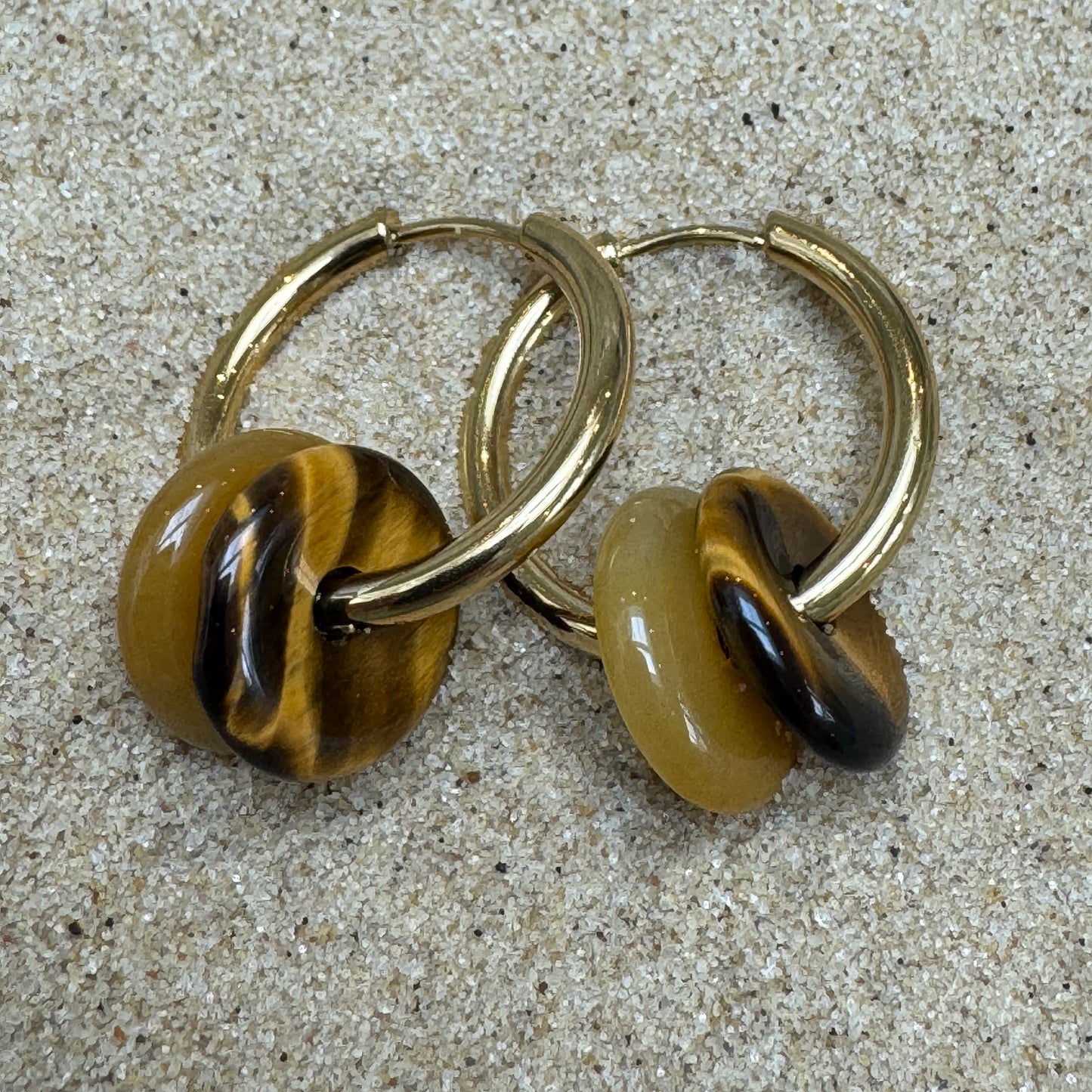 Small 14mm yellow jade and tiger's eye crystal bead double hoop huggie earrings