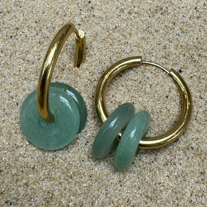 Small 14mm aventurine crystal double hoop huggie earrings 