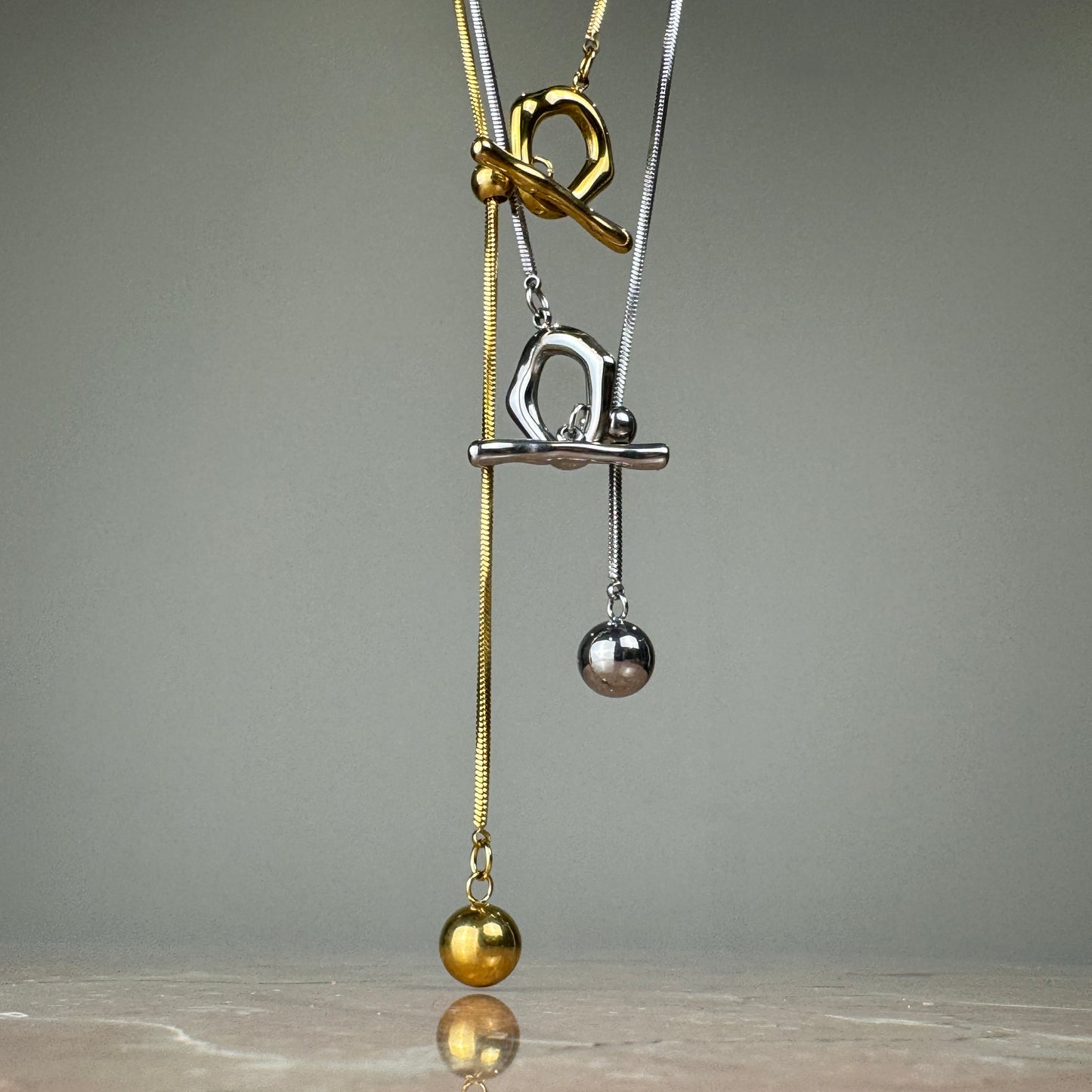 Adjustable Molten T-Bar Snake Chain Pendant in gold and silver 