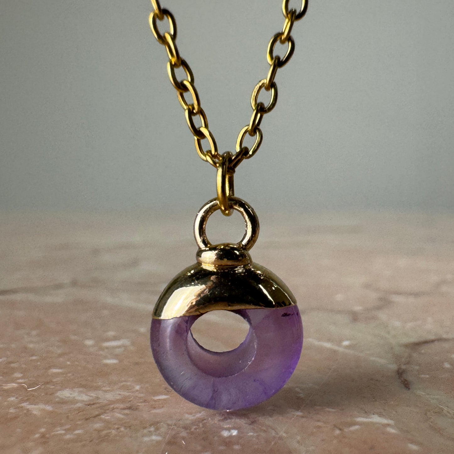 Amethyst Crystal Ring Pendant with 18k gold plated cap and fine chain