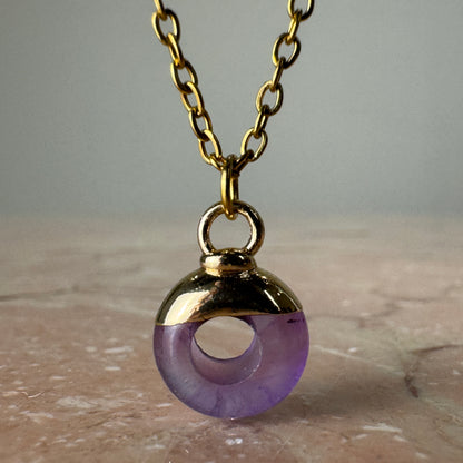 Amethyst Crystal Ring Pendant with 18k gold plated cap and fine chain
