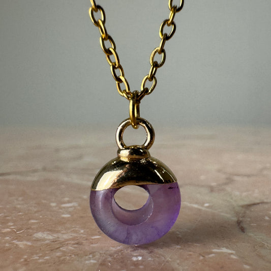 Amethyst Crystal Ring Pendant with 18k gold plated cap and fine chain