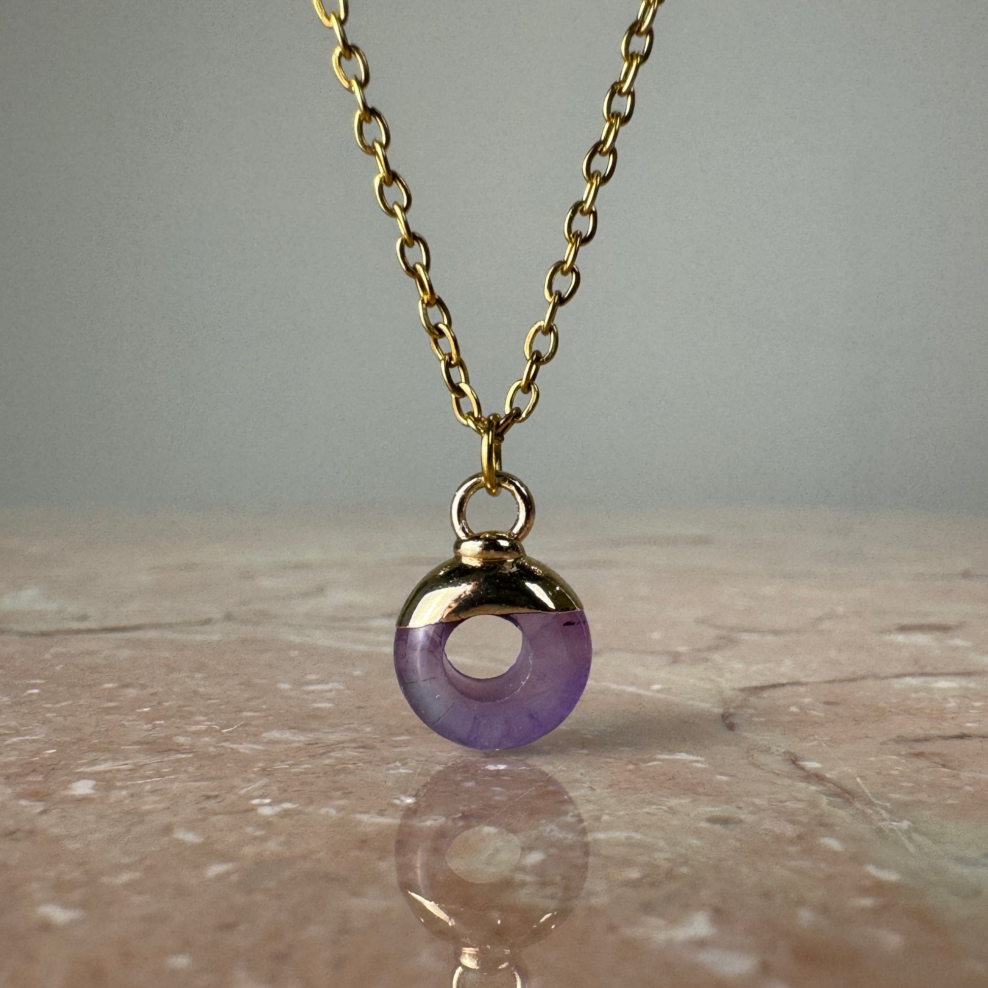 Amethyst Crystal Ring Pendant with 18k gold plated cap and fine chain