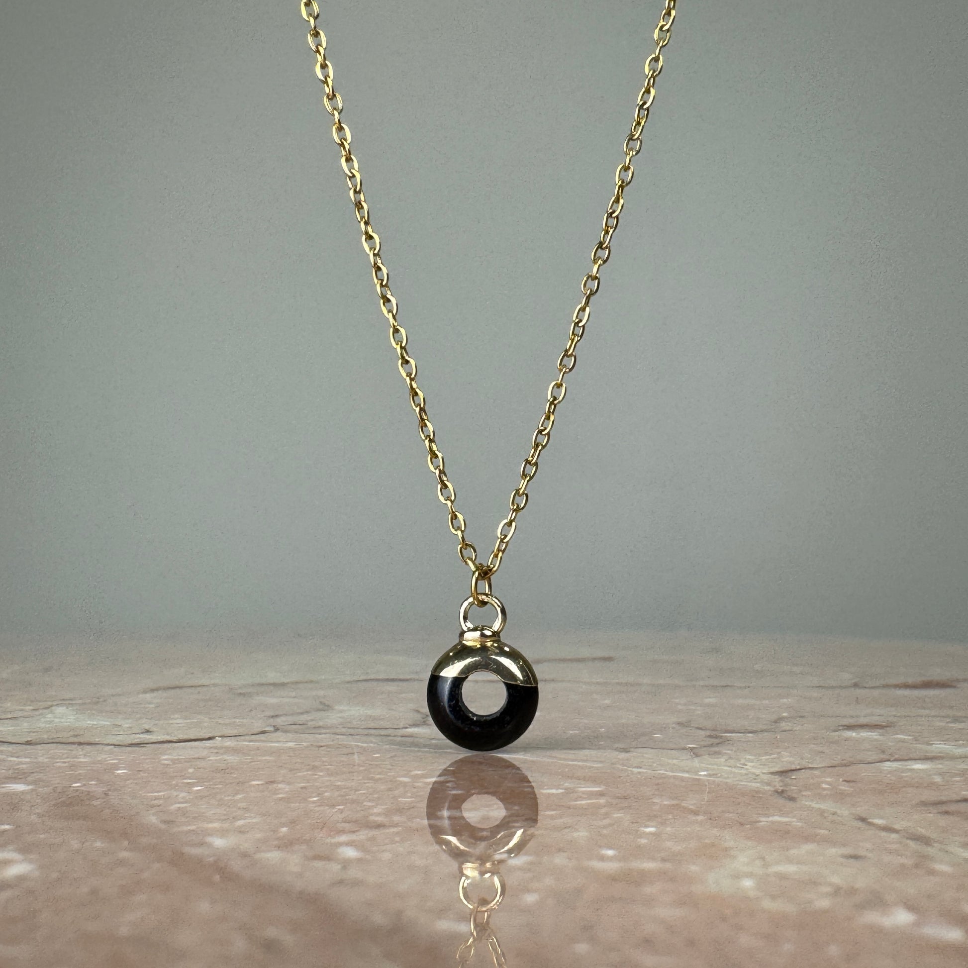 Black Obsidian Crystal Ring Pendant with 18k gold plated cap and fine chain