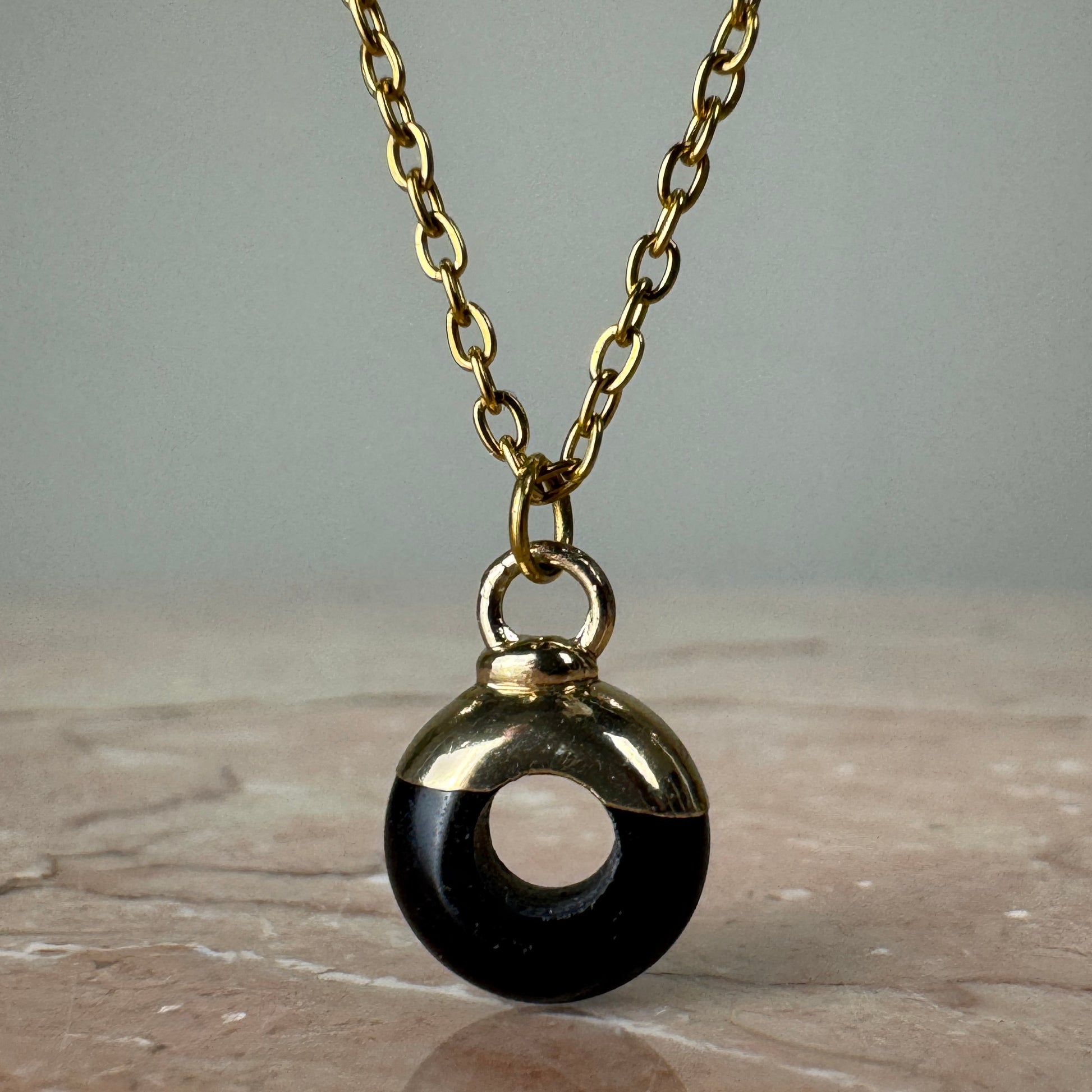 Black Obsidian Crystal Ring Pendant with 18k gold plated cap and fine chain