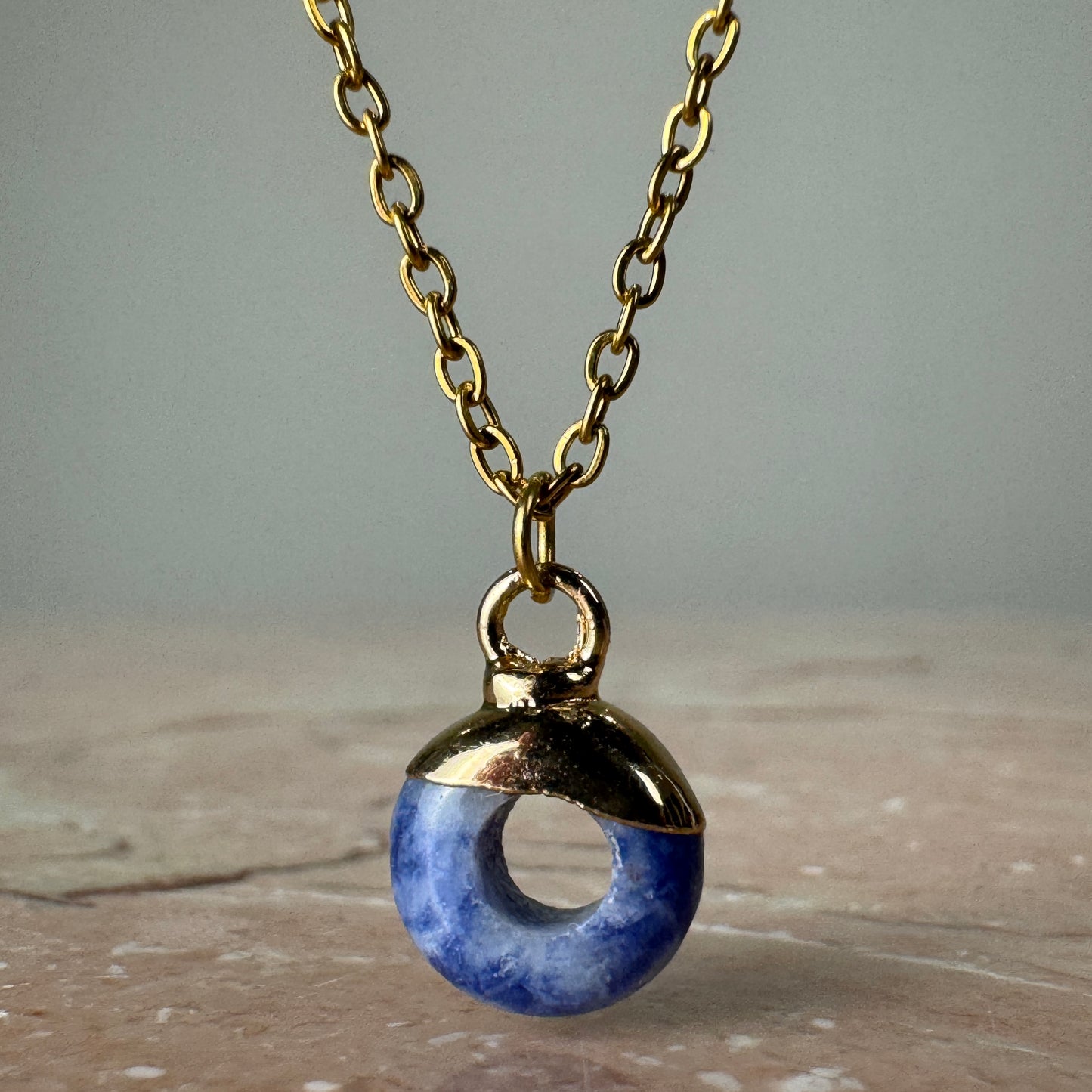 Blue Spot Jasper Crystal Ring Pendant with 18k gold plated cap and fine chain