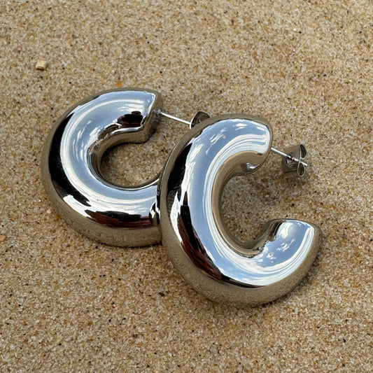 Silver Large Size C-Shape Hoop Earrings