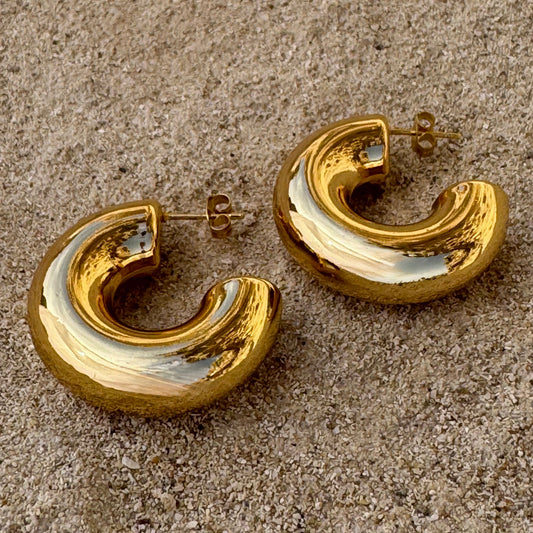 Gold Plated Chunky Medium Size C-Shape Hoop Earrings
