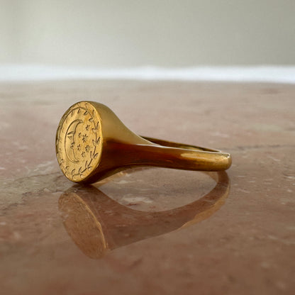 Gold Plated Engraved Crescent Moon Face Signet Ring