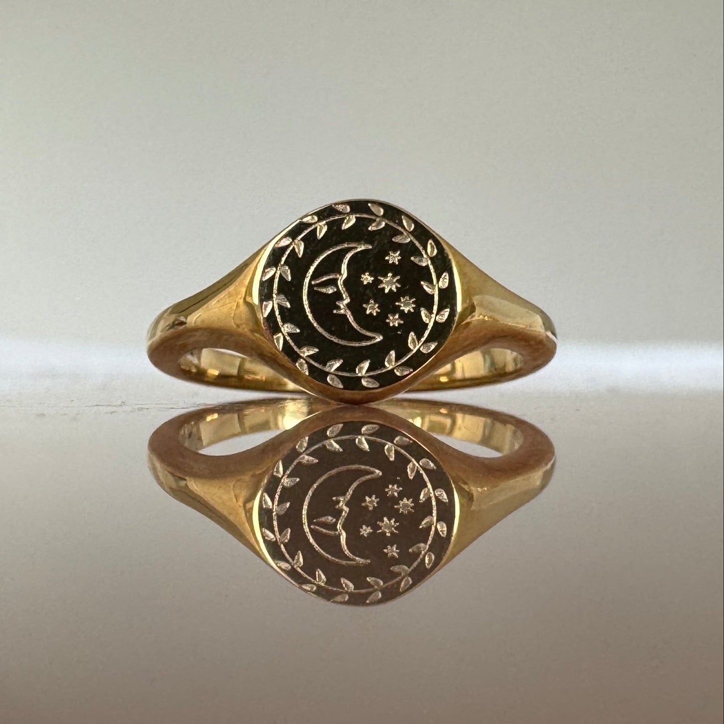 Gold Plated Engraved Crescent Moon Face Signet Ring 