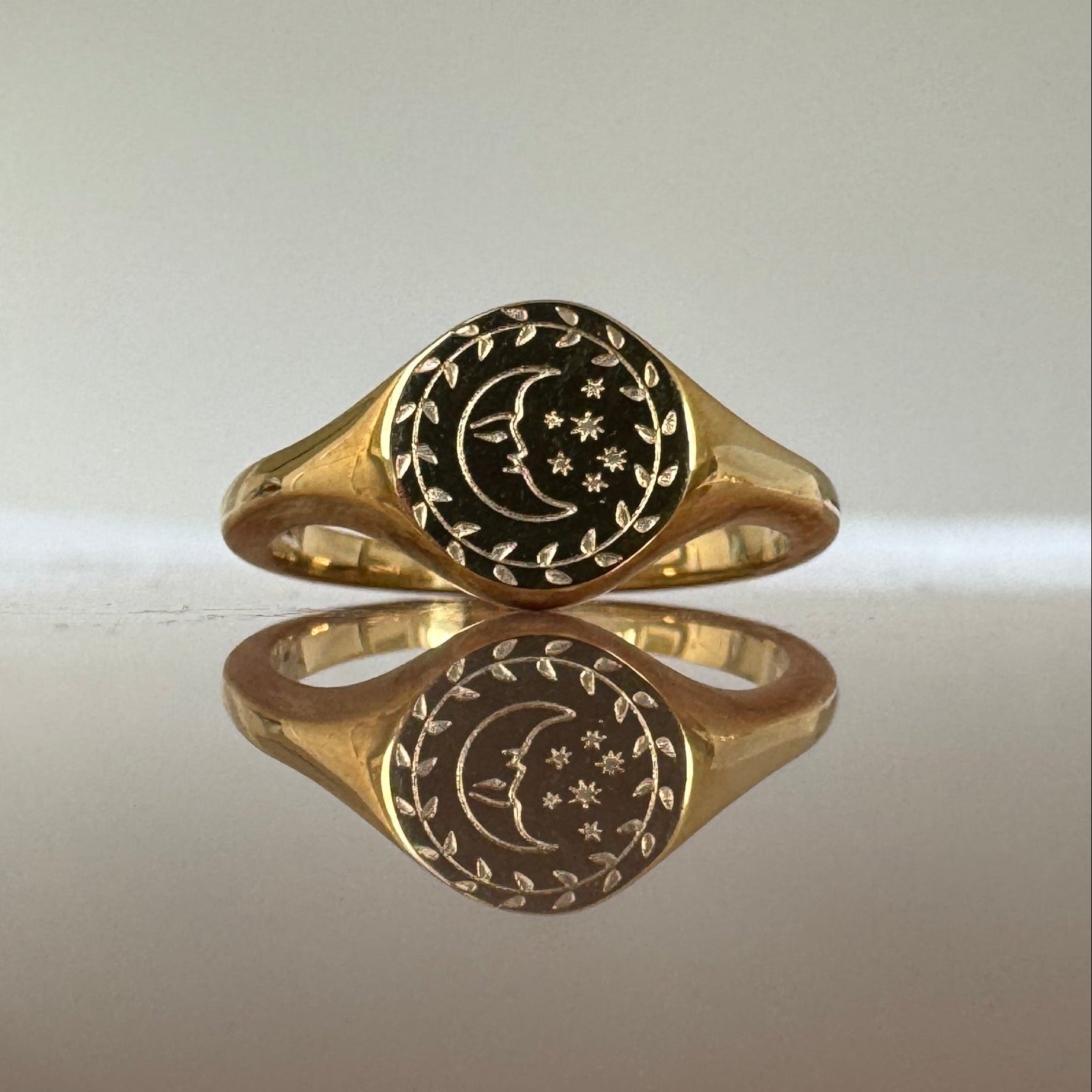 Gold Plated Engraved Crescent Moon Face Signet Ring 