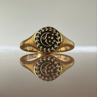 Gold Plated Engraved Crescent Moon Face Signet Ring 