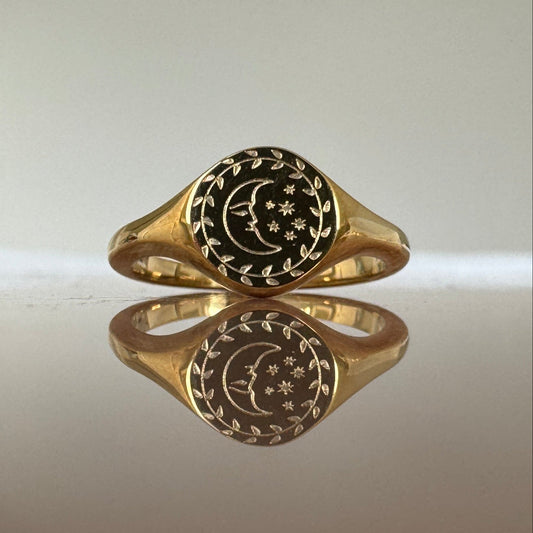 Gold Plated Engraved Crescent Moon Face Signet Ring 