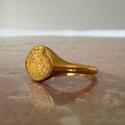 Gold Plated Engraved Mother Face Signet Ring