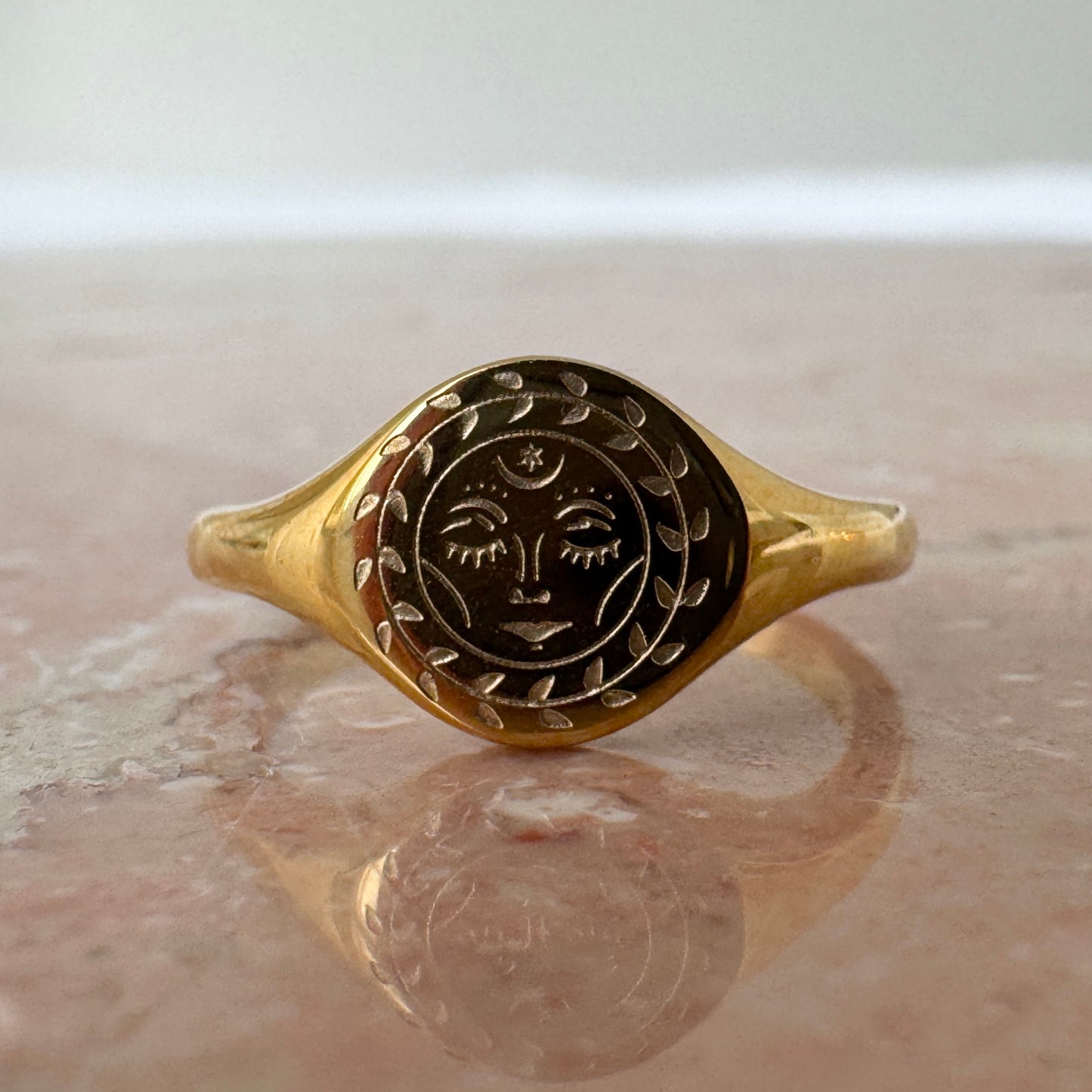 Gold Plated Engraved Mother Face Signet Ring