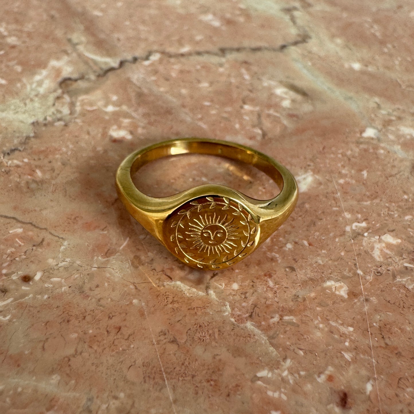 Gold Plated Engraved Sun Face Signet Ring