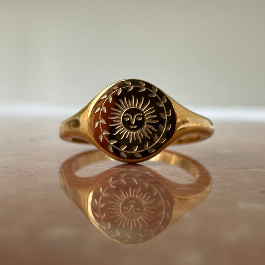 Gold Plated Engraved Sun Face Signet Ring