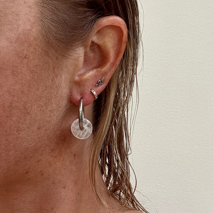 Small white quartz crystal silver slim hoop earrings from Jessica Rose jewellery 